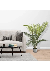 Yapay Çiçek Areka Ağacı Palmiye Ağacı Bambu Saplı Gümüş Saksılı Salon Çiçeği 18 Yaprak 85 cm